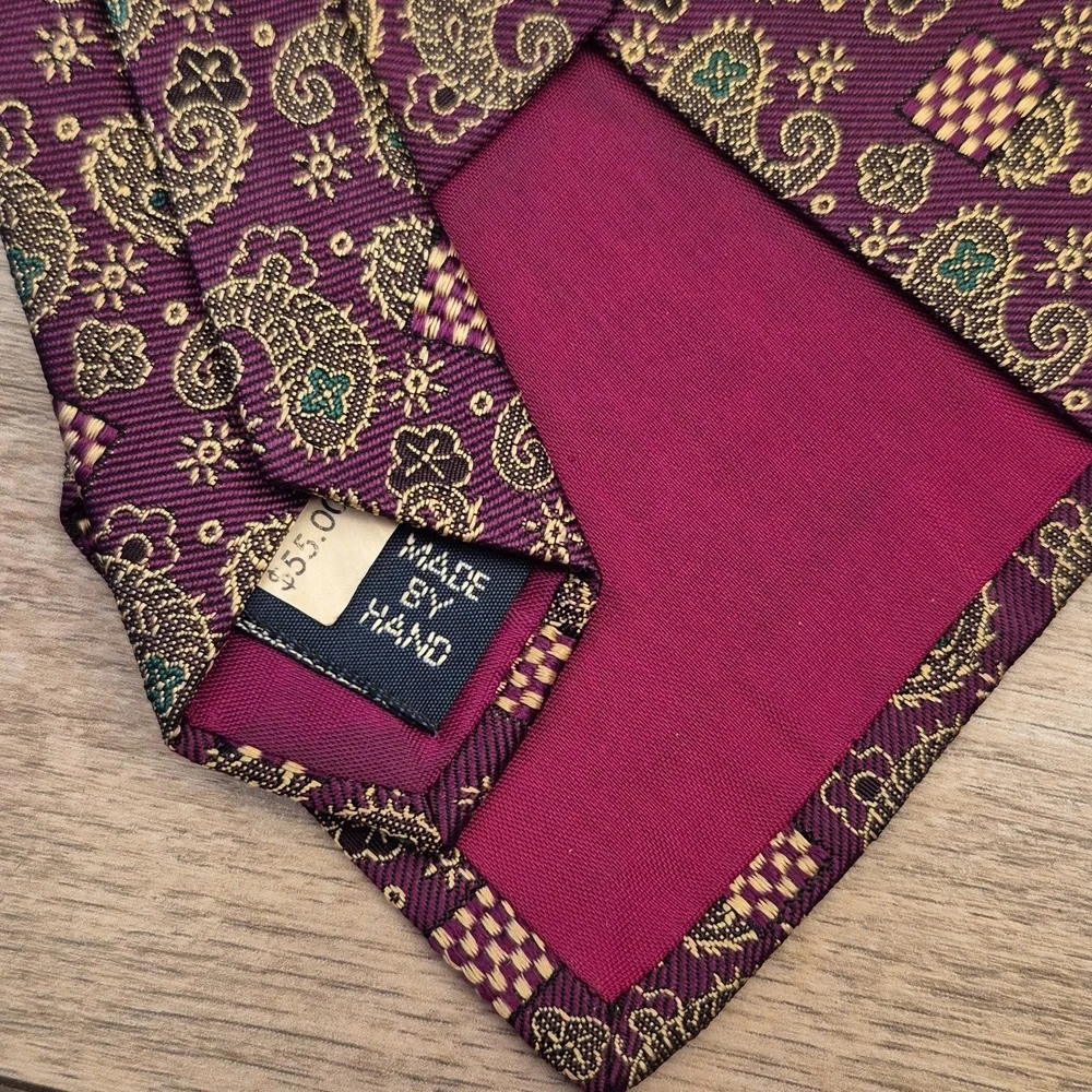 POLO‎ RAPH LAUREN Metallic Purple Beige Paisley USA Hand Made Mens Silk Tie VTG